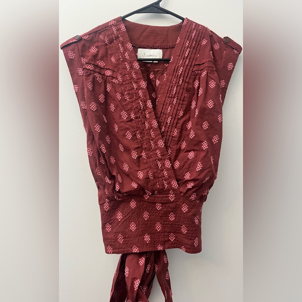 Anthropologie Maroon and Pink Wrap Blouse